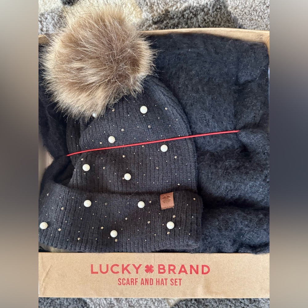 Lucky Brand Black Knit Beanie with Faux Fur Pom and Pearl Studs and Scarf Set